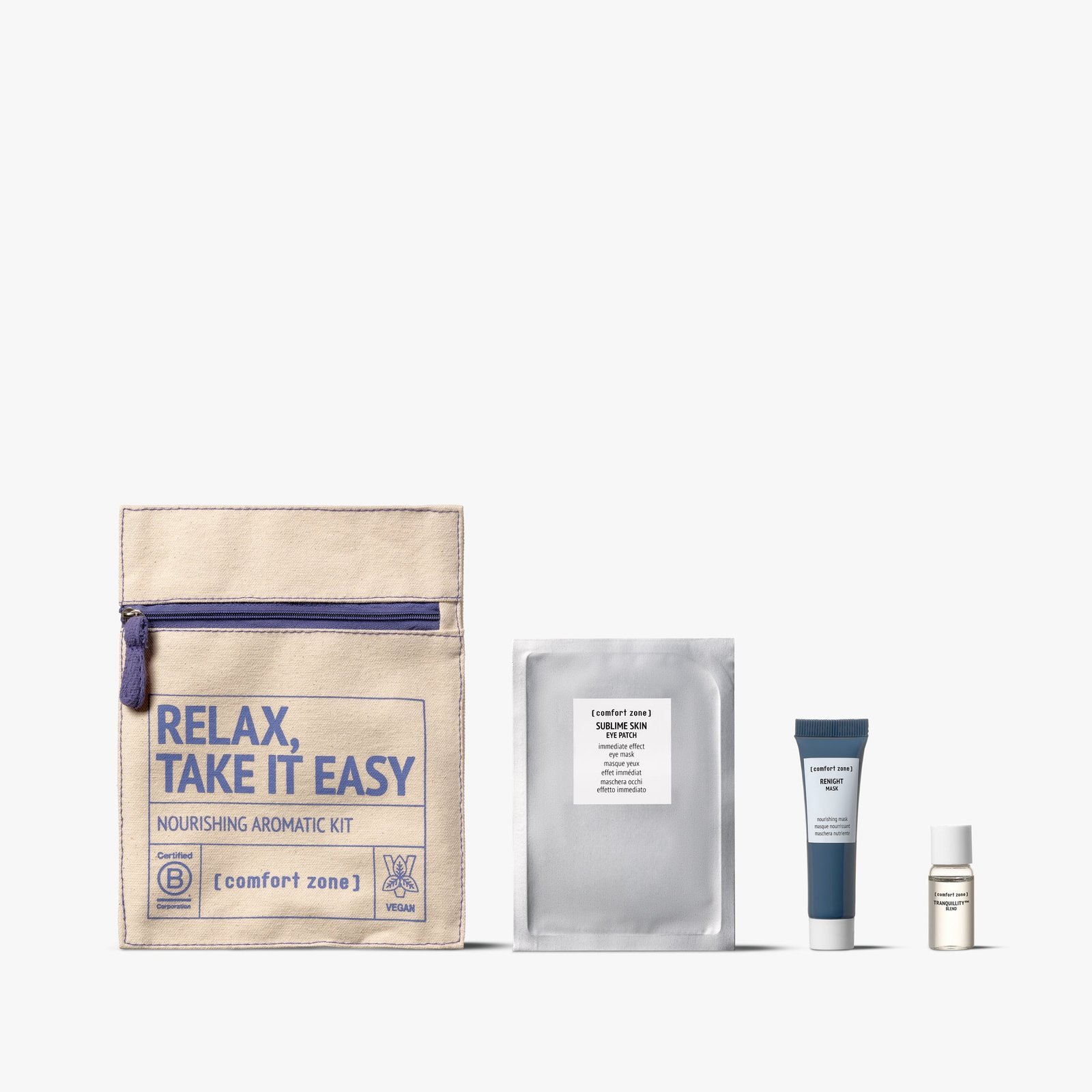 RELAX TAKE IT EASY KIT
1. Sublime Skin Eye Patch 2pcs – 1 application
2. Tranquillity Blend 5ml
3. Tranquillity Body Scrub 50ml
4. Renight Mask 15ml
